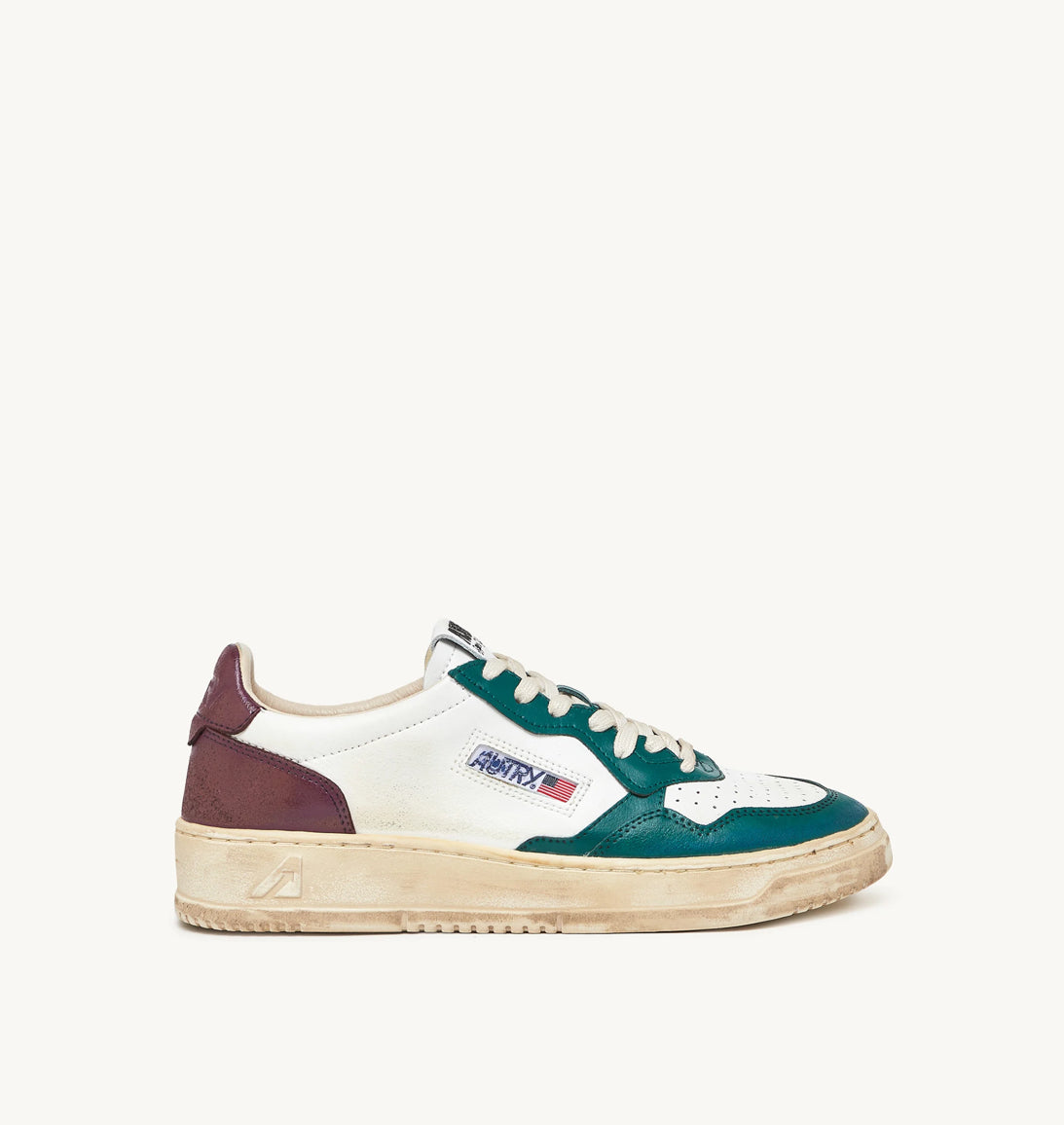 Autry Super Vintage Low Top Trainers in White Leather Aubergine